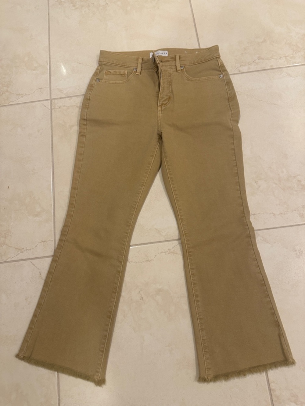 LOFT Tan Flare Cropped Jeans with Raw Hem